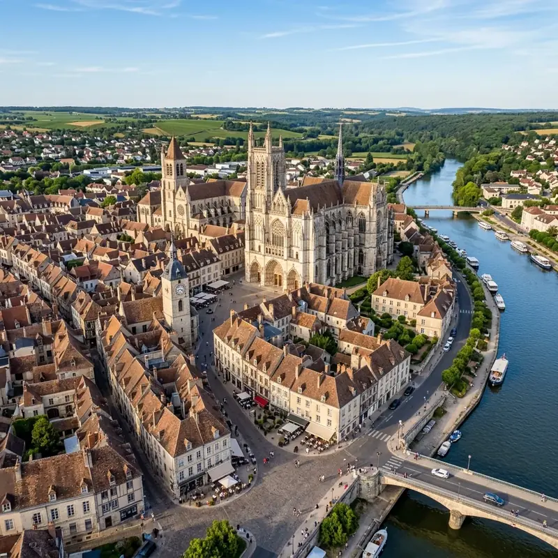 Vue aérienne d'Auxerre cathédrale et Yonne